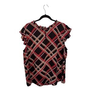New York & Company Women XXL Black Pink Plaid Ruffle Neck Flutter Sleeve Blouse